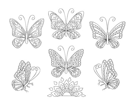 Coloring page with set of six butterflies for adult antistress coloring book, album, wall mural, art, tattoo. Black and white outline illustration.のイラスト素材