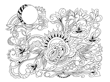 Hand drawn  composition with with sun and moon symbols in folk motif. Print  for anti-stress therapy, adult coloring books, decorate  cases, dishes and stationery,  wall art and mural.のイラスト素材