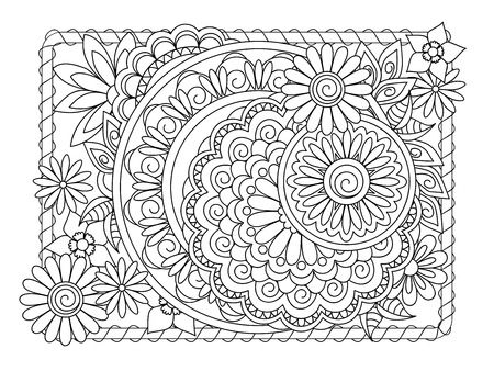 Monochrome outline mandalas with hand drawn elements in Arabic, Indian, turkish, pakistan motifs for yoga, anti-stress therapy, adult coloring book,  clothes, apparel, wall art.のイラスト素材
