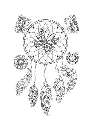 Coloring page with dreamcatcher, patterned feathers and butterflies for adult antistress coloring book, album, wall mural, art, tattoo.のイラスト素材
