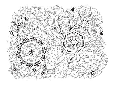 Hand drawn composition in zen-tangle style with mandalas and flowers. Print  for anti-stress therapy, adult coloring books, decorate  cases, dishes and stationery,  wall art and mural.のイラスト素材
