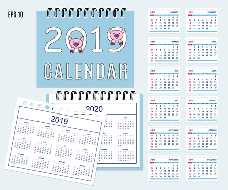 Desk calendar year 2019 with cartoon pig muzzle on cover. Set of 12-month isolated pages and  full calendar year 2019, 2020. English language.のイラスト素材