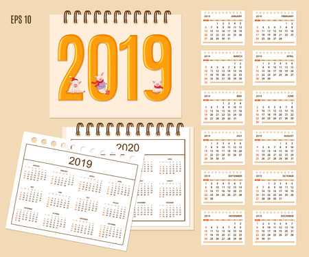 Desk calendar year 2019 with cute cartoon piggies on cover. Set of 12-month isolated pages and  full calendar year 2019, 2020. English language.のイラスト素材