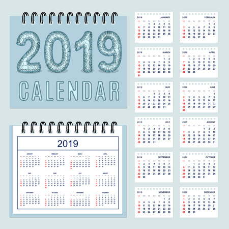 Classic american calendar for wall year 2019 with zen-tangle patterned visual three-dimensional number 2019. English language. Week starts on Sunday. There are all 12 month. eps 10のイラスト素材