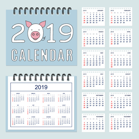 American calendar for desk or wall 2019 year. Set of the 12-month isolated pages. English language.Template of the cover with cartoon pig muzzle. Week starts on Sunday. eps 10のイラスト素材