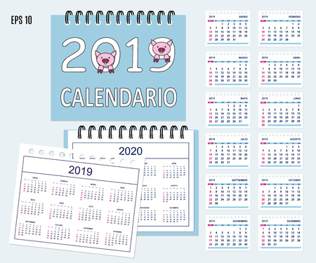 Desk calendar year 2019 with cartoon pig muzzles on cover. Set of 12-month isolated pages and  full calendar year 2019, 2020. Spanish language.のイラスト素材
