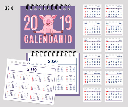 Desk calendar year 2019 with cute cartoon piggy on cover. Set of 12-month isolated pages and  full calendar year 2019, 2020. Spanish language.のイラスト素材