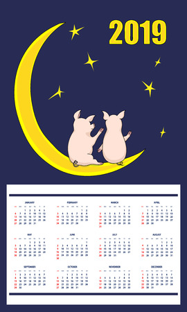 American  children calendar for wall 2019 year on the dark background with number 2019 and pair cartoon cute piggies sitting on the moon. English language. Week starts on Sunday.のイラスト素材