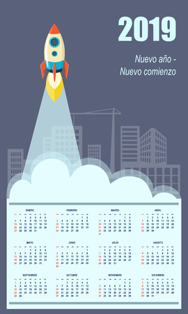Latin-American business calendar for wall 2019 year on the blue construction background with the starting rocket. Business start up concept. Spanish language. Week starts on Sunday.のイラスト素材