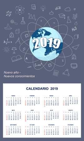 Latin-American student calendar for wall 2019 year on the dark blue background with number 2019, globe and hand drawn symbols education. Spanish language. Week starts on Sunday.のイラスト素材