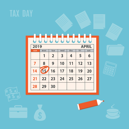 Flat modern business concept of tax day, payments time, tax time with marked number 15 of the April page of the calendar 2019 year. Mockup of the spiral desk calendar. EPS 10のイラスト素材