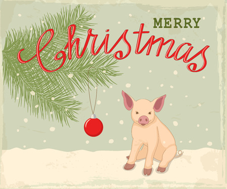 Retro christmas card with handwritten text Merry Christmas, little piglet, symbol year 2019 according to Chinese astrology on the vintage winter background. eps 10のイラスト素材