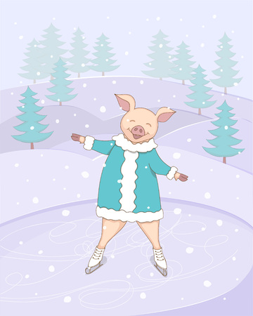 Christmas card with ice skating cute cartoon piggy, symbol year 2019 according to Chinese astrology and oriental calendar on the winter landscape background. Kids book illustration. eps 10のイラスト素材