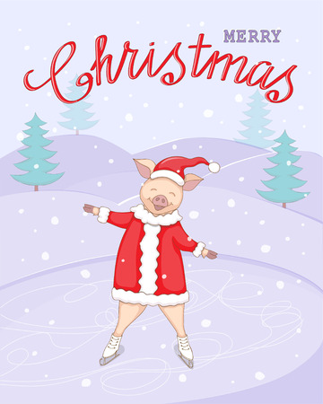 Christmas card with ice skating cute cartoon piggy, symbol year 2019 in the santa hat and hand written text Merry Christmas on the winter landscape background. eps 10のイラスト素材