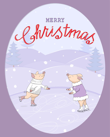 Christmas card with ice skating couple cute cartoon piglets, symbol year 2019 and hand written text Merry Christmas on the winter landscape background. eps 10のイラスト素材