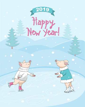 New year 2019 card with ice skating couple cute cartoon piglets, symbol year 2019, number 2019 on the ribbon and hand written text Happy New Year, winter landscape background. eps 10のイラスト素材