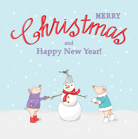 New year card with handwritten text Merry Christmas, snowman and cute cartoon piglets, symbol year 2019 according to Chinese astrology on the winter background. eps 10のイラスト素材