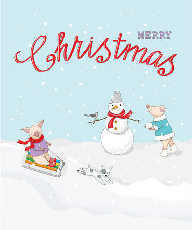 Christmas card with handwritten text Merry Christmas, snowman, dog, and cute cartoon piglets, symbol year 2019 according to Chinese astrology on the winter background.のイラスト素材