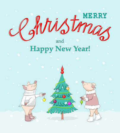 New year card with handwritten text Merry Christmas, decorating fir tree cute cartoon piglets, symbol year 2019 according to Chinese astrology on the winter background. eps 10のイラスト素材