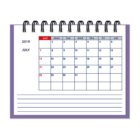 Isolated page July year 2019 of business planner calendar on the white. Flat business planning concept design with spiral desk calendar mockup year 2019 July. EPS 10.のイラスト素材