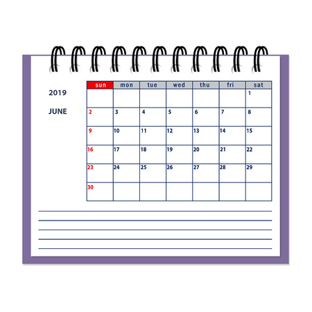 Isolated page June year 2019 of business planner calendar on the white. Flat business planning concept design with spiral desk calendar mockup year 2019 June. EPS 10.のイラスト素材