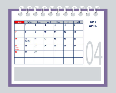 April page year 2019 of American calendar with marked tax day of USA. Isolated on  white. Flat business planning concept design with spiral desk calendar mockup year 2019 April.のイラスト素材