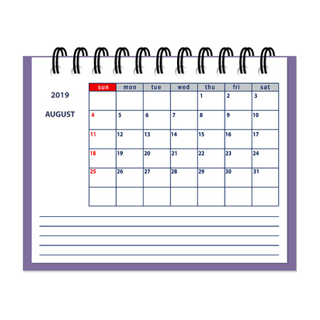 Isolated page August year 2019 of business planner calendar on the white. Flat business planning concept design with spiral desk calendar mockup year 2019 August. EPS 10.のイラスト素材