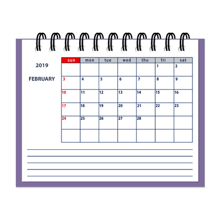 Isolated page February year 2019 of business planner calendar on the white. Flat business planning concept design with spiral desk calendar mockup year 2019 February. EPS 10.のイラスト素材