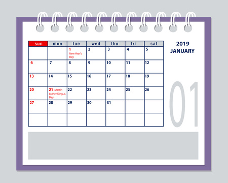 January page year 2019 of American calendar with federal holidays USA. Isolated on  white. Flat business planning concept design with spiral desk calendar mockup year 2019 January.のイラスト素材