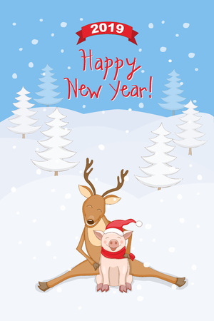 New year 2019 card with smiling cartoon reindeer, piggy in santa hat, numeric 2019 on the red ribbon and handwritten text  Happy New Year on the winter landscape background.のイラスト素材