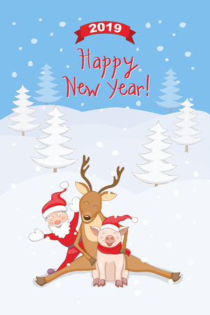 New year 2019 card with smiling cartoon santa claus, reindeer, piggy, 2019 on the red ribbon and handwritten text  Happy New Year on the winter landscape background.のイラスト素材