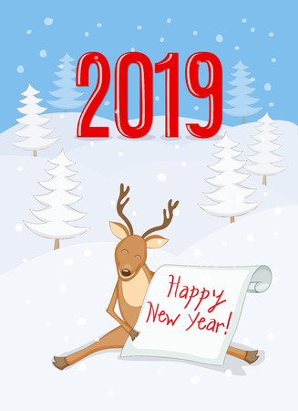 New year 2019 card with smiling cartoon  reindeer, isometric red numeric 2019 and scroll with handwritten text  Happy New year on the winter landscape background.のイラスト素材