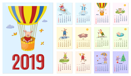 Kids calendar for wall 2019 year of pig. Set of the 12-month isolated pages with  illustrations of piglets. English language. Week starts on Sunday.のイラスト素材
