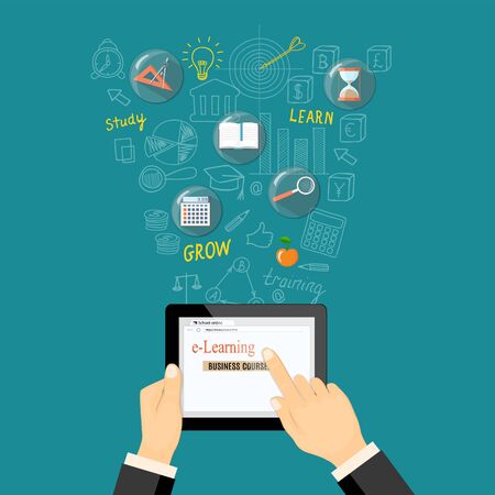 Flat modern online business education concept with human finger touching at the tablet, school icons and hand drawing business symbols on the background.のイラスト素材