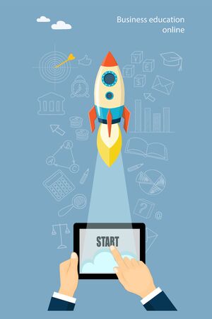 Flat modern online business education concept with human finger touching at the tablet, starting rocket and hand drawing business symbols on the background.のイラスト素材