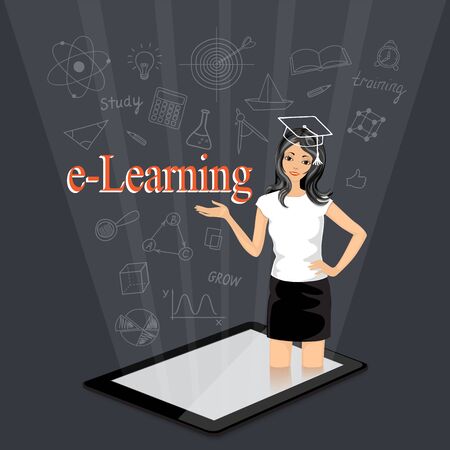 Flat isometric modern design with word e-learning and coming out girl from the touchpad. E-learning,  online education, home education concept with hand drawn school icons.のイラスト素材