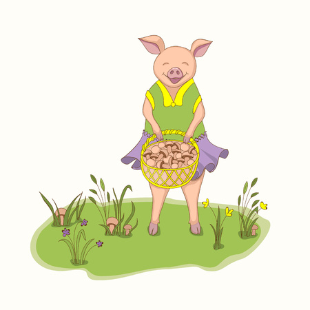 Isolated cartoon cute piggy, symbol year 2019 according to Chinese astrology and oriental calendar with basket of mushrooms. Kids book illustration piggy on the forest glade. eps 10のイラスト素材