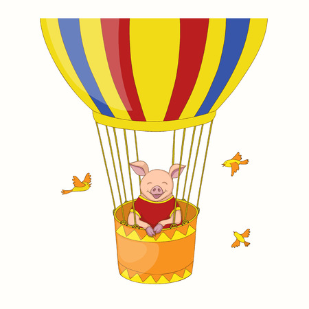 Isolated cartoon cute piggy, symbol year 2019 according to Chinese astrology and oriental calendar in the air ball. Kids book illustration piggy flying in the air ball. eps 10のイラスト素材