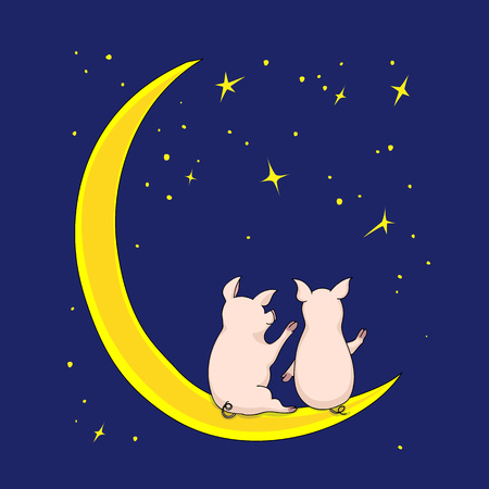 Cartoon illustration couple of piggies sitting on the moon on the dark blue background whith stars. Kids book illustration. eps 10のイラスト素材