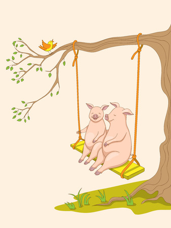 Two cartoon cute piggies, symbol year 2019 according to Chinese astrology and oriental calendar sitting on the swing. Kids book illustration piggy in the forest on the swing. eps 10のイラスト素材