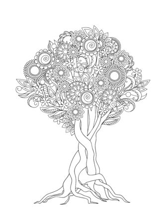 Hand drawn patterned tree crown in zen tangle style. Isolated image for adult anti-stress coloring bookのイラスト素材