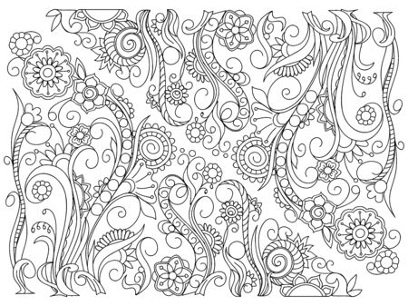 Hand drawn floral background in boho style with mandalas and flowers. Isolated page for adult anti-stress coloring book.のイラスト素材