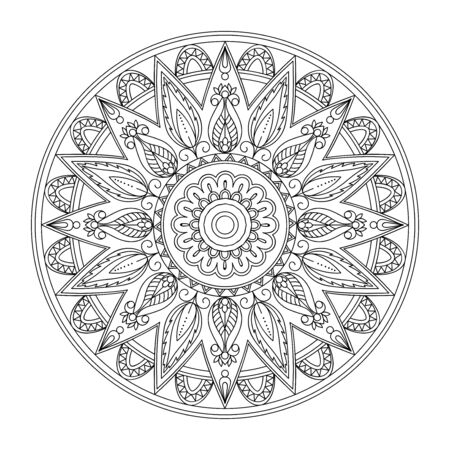 Monochrome isolated mandala with hand drawn elements in Arabic, Indian, turkish, pakistan motifs for yoga, anti-stress therapy.のイラスト素材