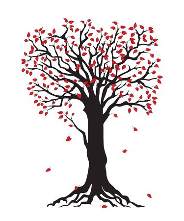 Black silhouette illustration tree with red leaves. Icon tree isolated on white background.のイラスト素材