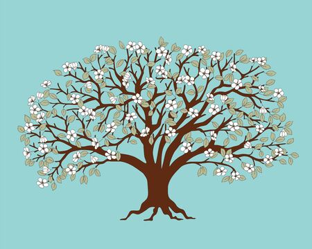 Dark brown silhouette apple tree with blossom isolated on the blue background.のイラスト素材
