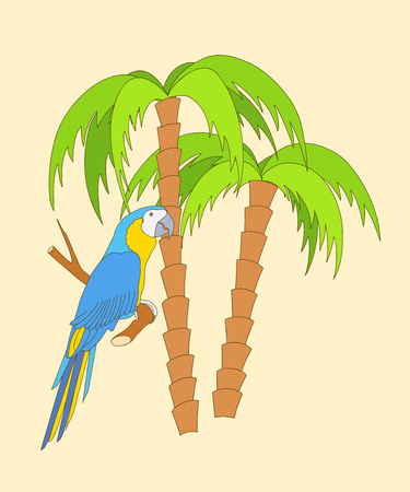 Hand drawn cartoon parrot on the twig and two palm trees. Vector illustration for home art, travel web banners, flyers, decorate wall, kid rooms, book, notebook, tutorials, posters, cards. eps 10.のイラスト素材