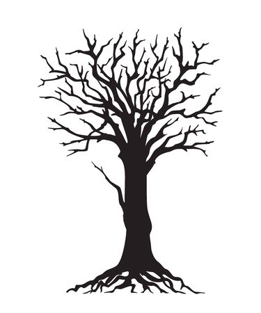 Black silhouette illustration tree with roots without leaves. Icon tree isolated on white background.のイラスト素材