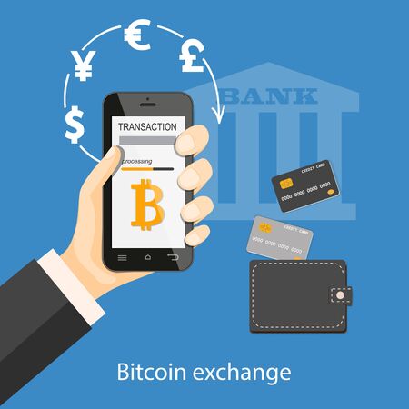 Flat modern design concept of cryptocurrency technology, bitcoin exchange, mobile banking, internet banking with mobile phone in the hand.のイラスト素材
