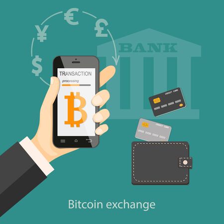 Flat modern design concept of cryptocurrency technology, bitcoin exchange, mobile banking, internet banking with mobile phone in the hand, credit cards and wallet. EPS 10のイラスト素材