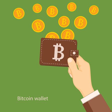 Flat modern design concept of cryptocurrency technology, bitcoin exchange, bitcoin mining, e-wallet. Hand holding wallet with raining bitcoins.のイラスト素材